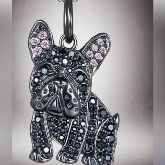 Frenchie Pendant Necklace Black Crystals - Picture 1 of 5